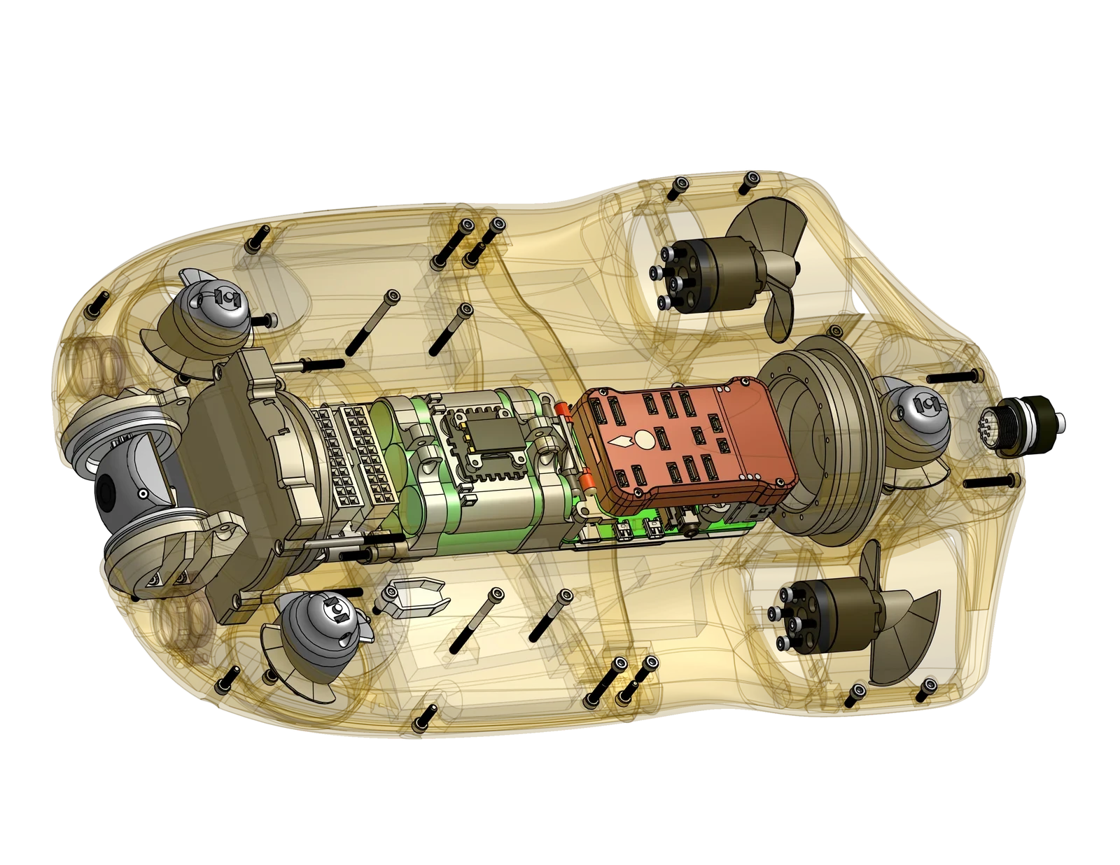 See-through render of the assembled machine: the pressure housing, chassis, battery cells and autopilot inside the translucent hull, with the thrusters, camera and connector mounted around it